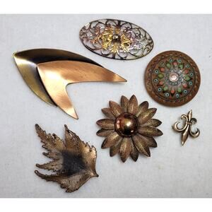 Vintage Brooch Lot 6 Pc Copper Tone & Carved Wood Floral Leaf MCM Boho Modernist